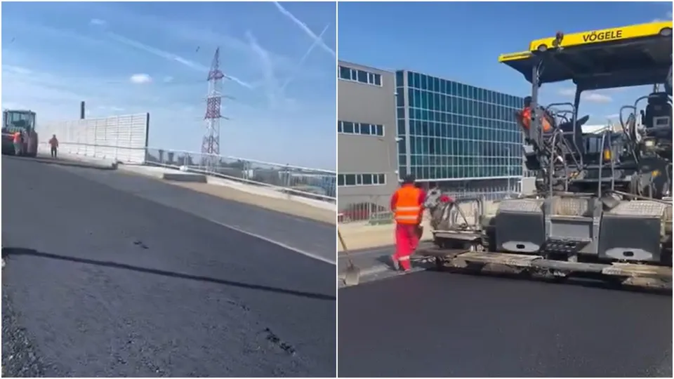 Două imagini suprapuse arată o porțiune de asfalt proaspăt întins, un utilaj de pavaj galben și un lucrător purtând echipament reflectorizant portocaliu.