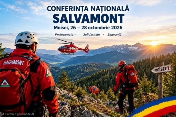 Două persoane cu echipament de salvamont și rucsacuri roșii privesc un elicopter roșu care zboară deasupra unui peisaj montan împădurit la apus.