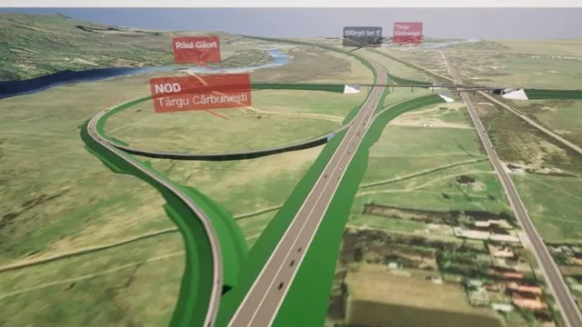 O reprezentare digitală 3D a unei intersecții rutiere cu drumuri cu mai multe benzi, vegetație verde și câteva etichete de text plutitoare în planul de fundal.