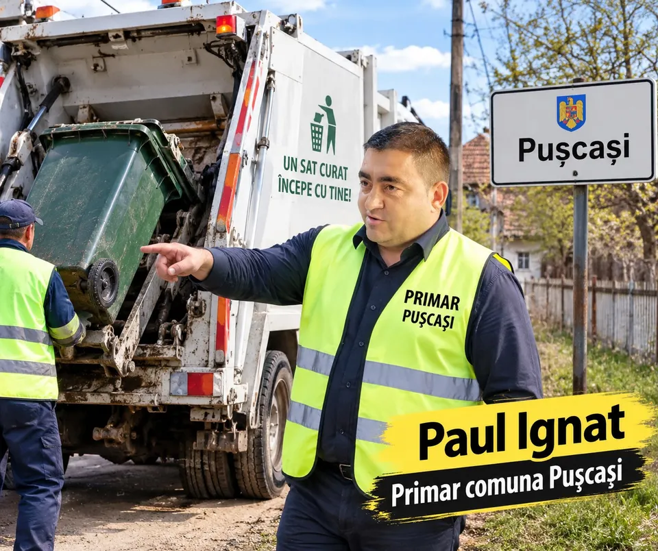 Un bărbat într-o vestă reflectorizantă cu text indică spre un camion de gunoi care ridică un container verde pe un drum.