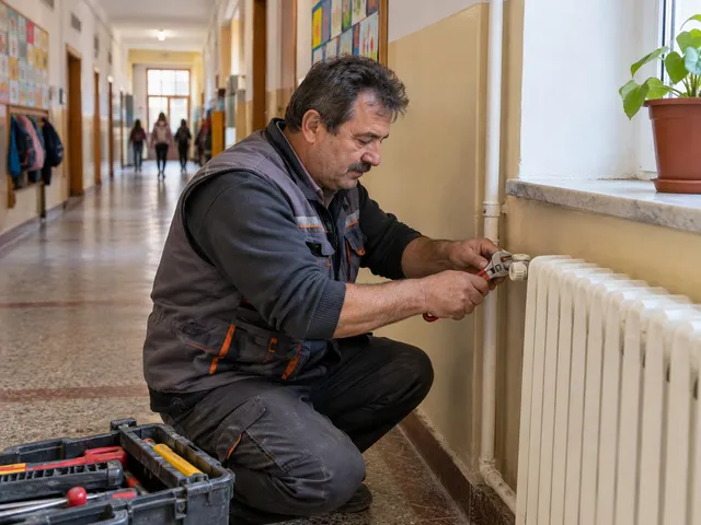 Un bărbat cu vestă gri și pantaloni închiși stă ghemuit într-un coridor, reparând un calorifer alb cu o cheie metalică.