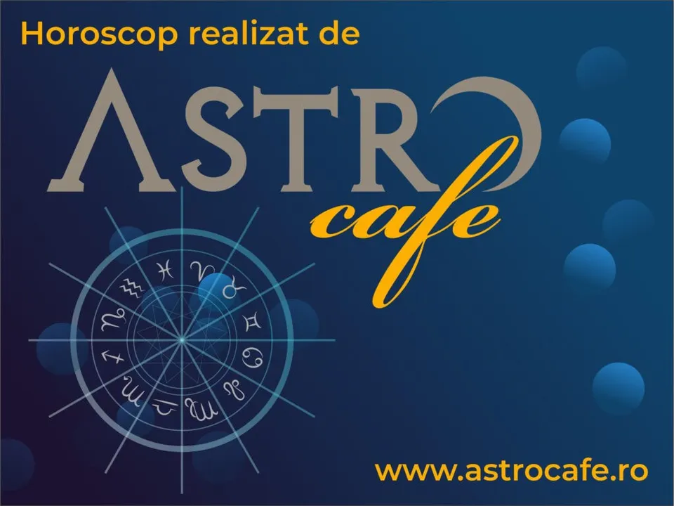 Un fundal albastru în care apar textul galben, un logo gri și un simbol circular cu diverse semne zodiacale pe fundal.