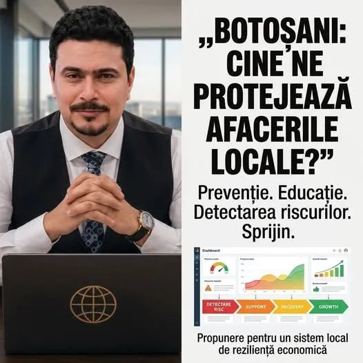 Un bărbat cu barbă și vestă neagră stă la o masă cu mâinile încrucișate în fața unui laptop.