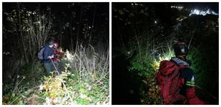 Două imagini arătăți în momentul nopții, cu persoane echipate cu echipamente de iluminare și ghiozzi, într-un mediu cu vegetație densă și teren accidentat.