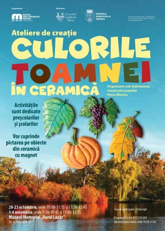Un afiș informativ prezintă ilustrații cu o dovleac, o strugure și frunze de toamnă pe un fundal cu copaci colorați și un lac.
