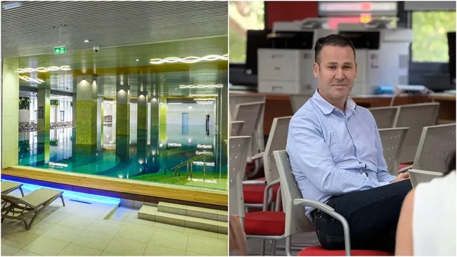 O imagine compusă prezintă în stânga o piscină interioară cu pereți de sticlă și în dreapta un bărbat într-o cămașă albastră așezat pe un scaun.