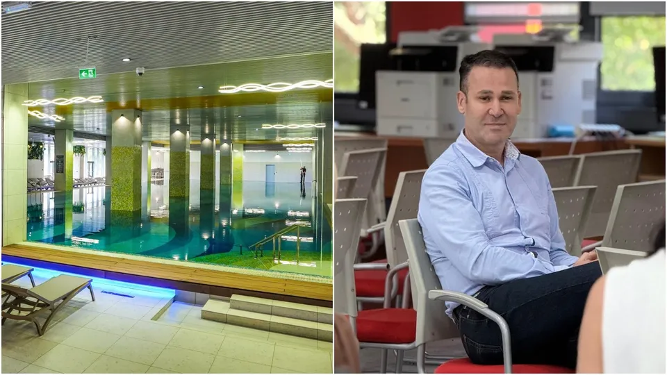 O imagine compusă prezintă în stânga o piscină interioară cu pereți de sticlă și în dreapta un bărbat într-o cămașă albastră așezat pe un scaun.