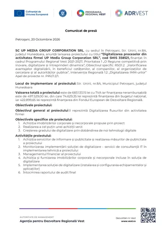 Un document tipărit pe fundal alb prezintă text în limba română, logouri colorate în partea de sus și un cod QR în colțul din dreapta jos.