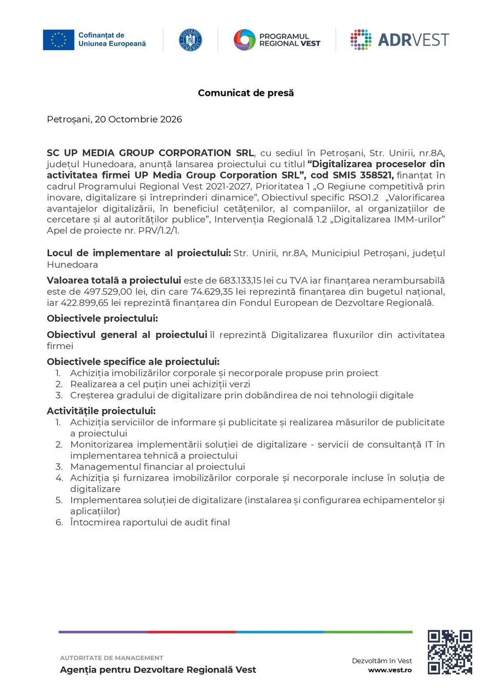 Un document tipărit pe fundal alb prezintă text în limba română, logouri colorate în partea de sus și un cod QR în colțul din dreapta jos.