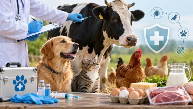 Un medic veterinar cu stetoscop injectează o vacă lângă un câine, un motan, găini, ouă, brânză, carne și lapte pe o masă de lemn.