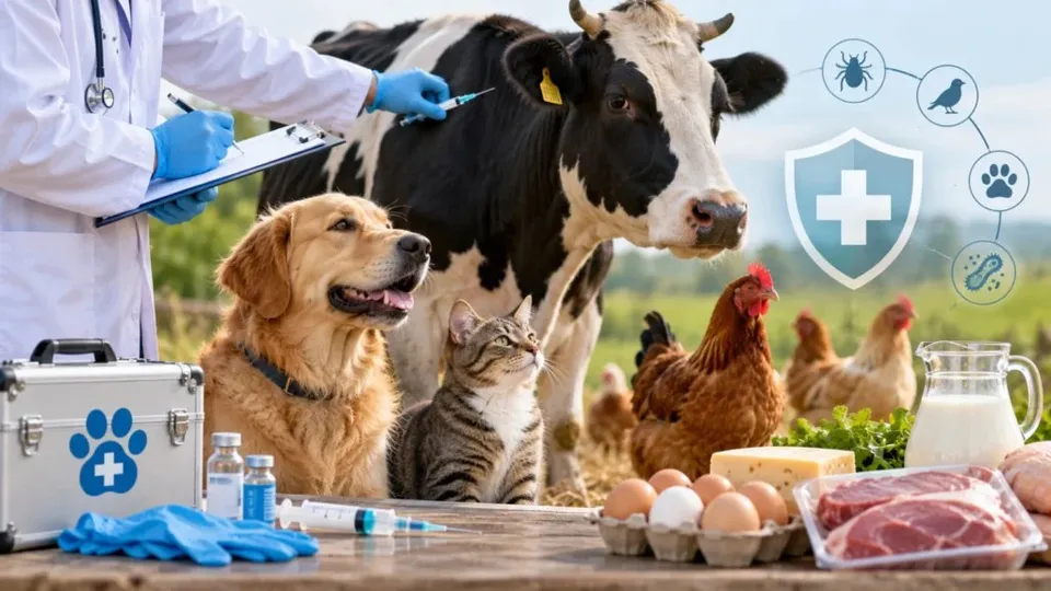 Un medic veterinar cu stetoscop injectează o vacă lângă un câine, un motan, găini, ouă, brânză, carne și lapte pe o masă de lemn.