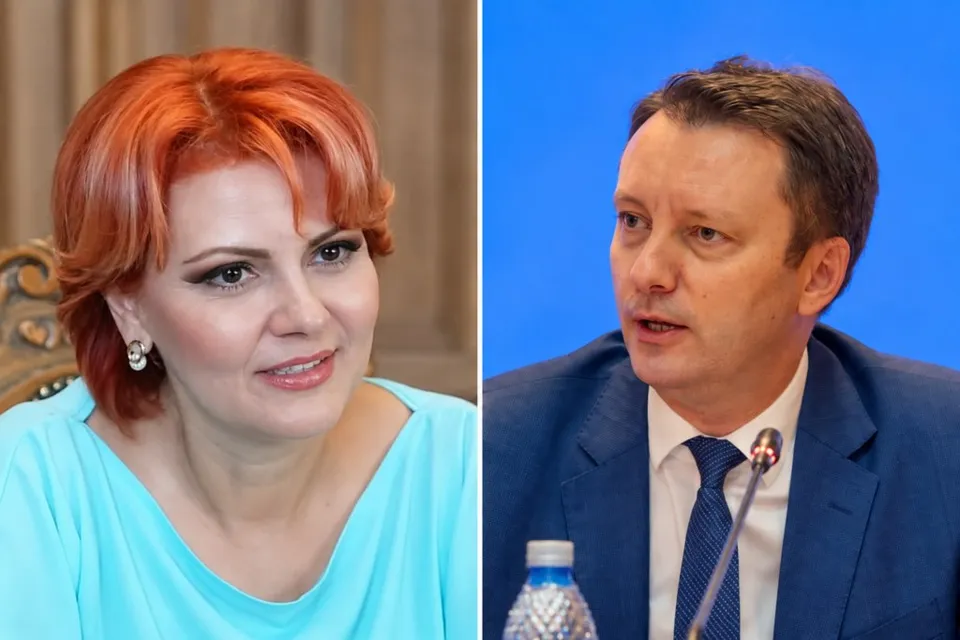 Un colaj format din două portrete de bust, prezentând o femeie cu părul roșu și un bărbat într-un costum albastru în fața unui fundal albastru.