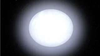 O sferă luminoasă albă strălucitoare este centrată pe un fundal negru presărat cu mici puncte luminoase.