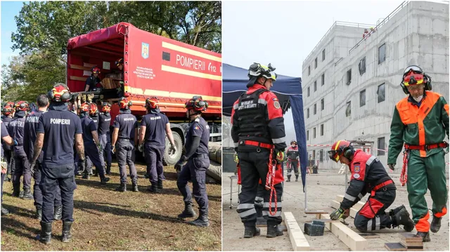 Personal în uniforme de intervenție participă la un exercițiu de salvare lângă un camion roșu și într-un șantier cu o clădire în construcție.