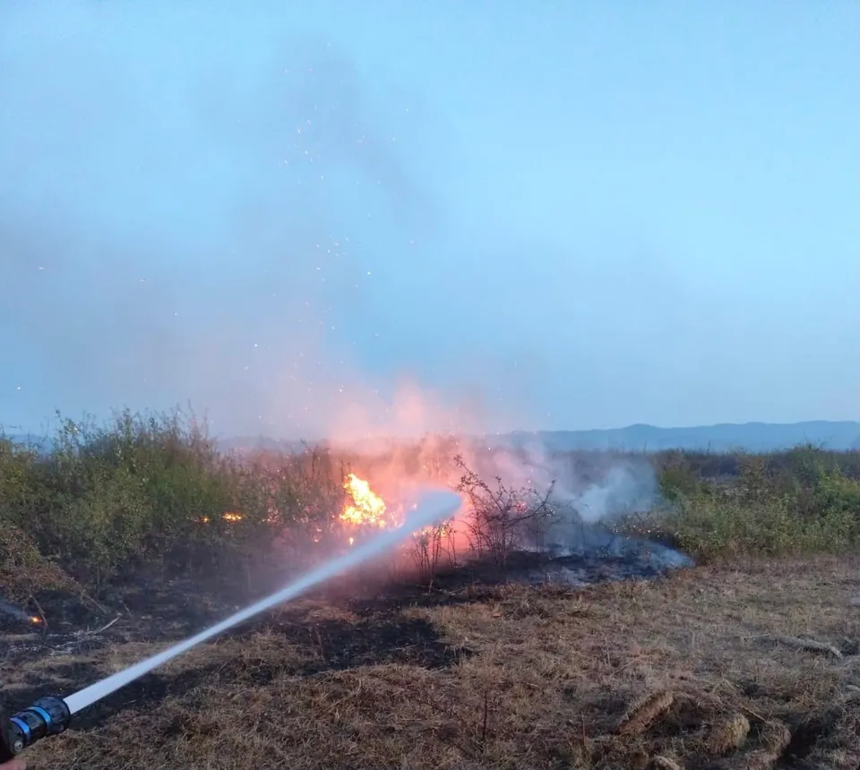 Un jet de apă este direcționat spre vegetația arsusă și flăcările de pe un teren deschis sub un cer închis la culoare.