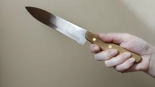 O mână ține un cuțit cu mâner de lemn și lamă metalică pe un fundal de culoare neutră.