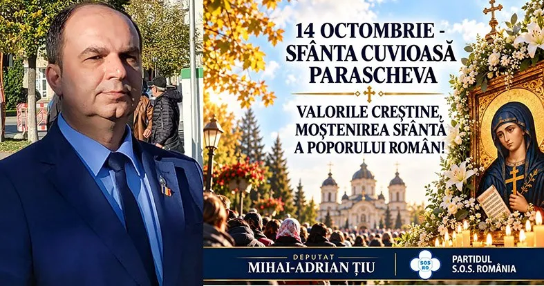 Un bărbat într-un costum albastru stă în prim-plan, lângă un afiș care conține un icon și o catedrală sub un cer senin.