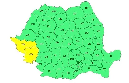 Harta unei țări împărțită în regiuni colorate în verde și galben, fiecare fiind marcată cu abrevieri de litere negre.