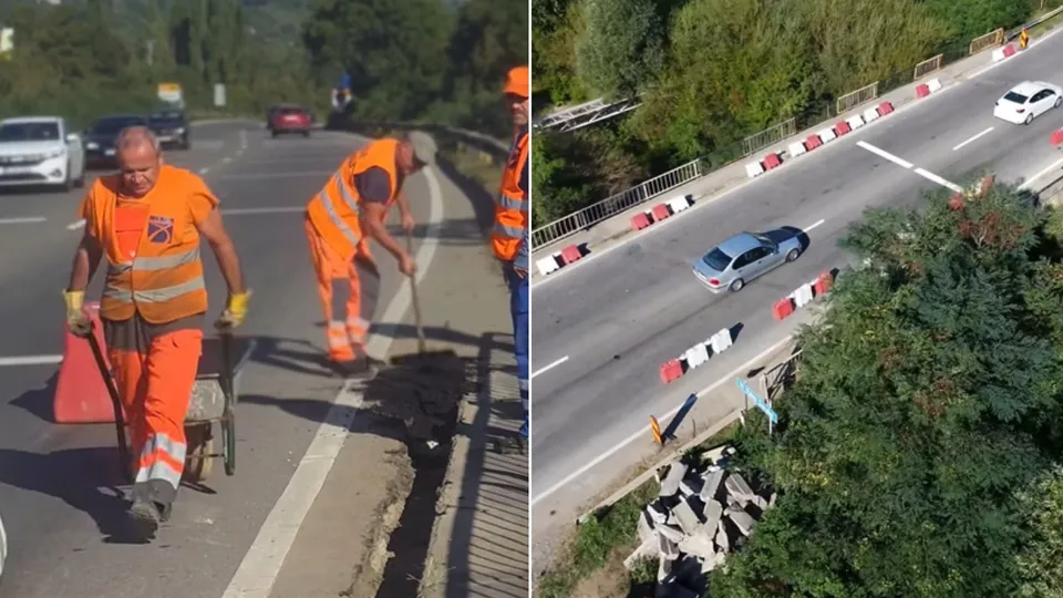 Două imagini suprapuse arată lucrători în echipament portocaliu pe un drum și o porțiune de autostradă cu mașini circulând lângă un gard metalic.