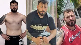 Un colaj de trei fotografii prezintă un bărbat cu barbă, afișând tatuaje pe brațe, purtând un tricou negru și o mânușă de luptă sau un tricou roșu.