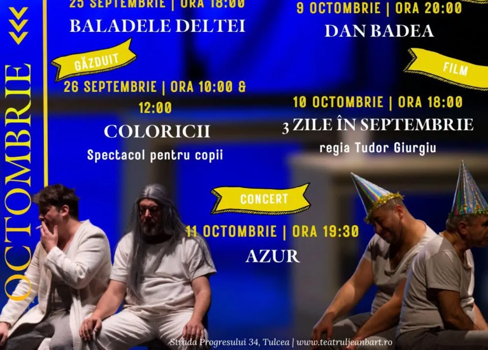 Un afiș albastru prezintă textul programului de evenimente și trei persoane purtând haine albe și pălării festive colorate.