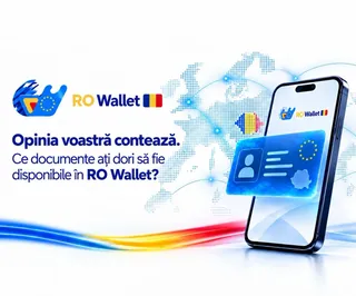Ro Wallet, EU flag and Romanian flag appear beside a smartphone showing a digital card on a blue dotted background.