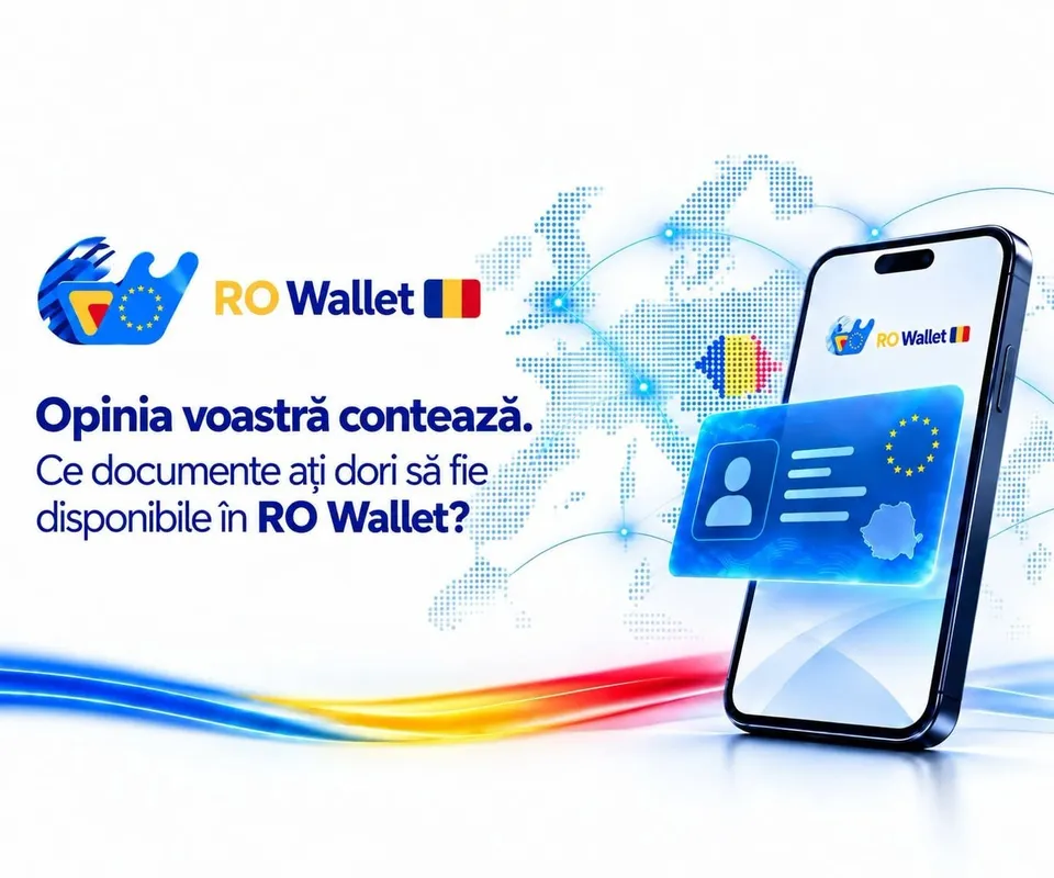 Ro Wallet, EU flag and Romanian flag appear beside a smartphone showing a digital card on a blue dotted background.