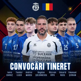 O afișare grafică cu șapte bărbați în uniforme sportive albastre și albe, alăturați de steagul României și textul 'CONVOCARI TINERET'.