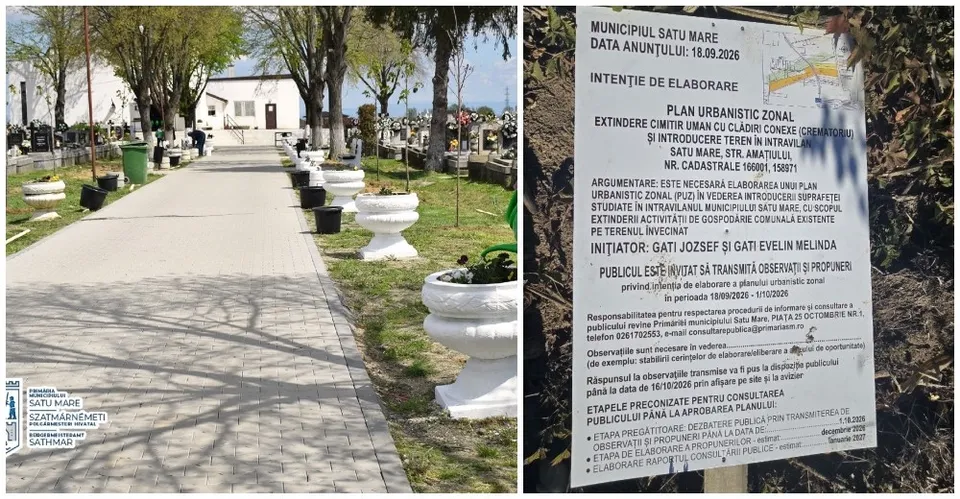 Un drum pavat trece printr-un cimitir cu morminte, ghivece albe și un panou informativ pe un fundal de vegetație.