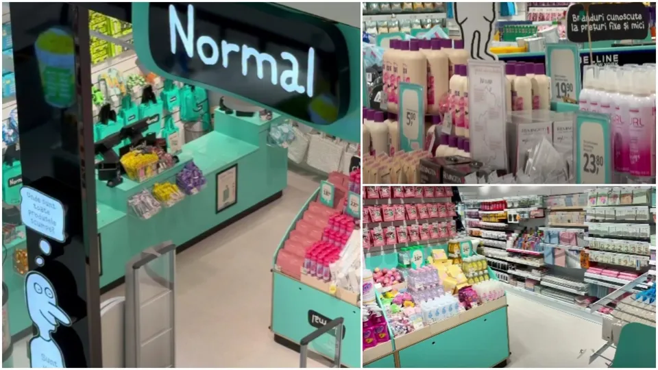 Interiorul unui magazin cu rafturi pline de produse de îngrijire, containere de culoare roz și verde, și un ghișeu de plată de culoare turcoaz.