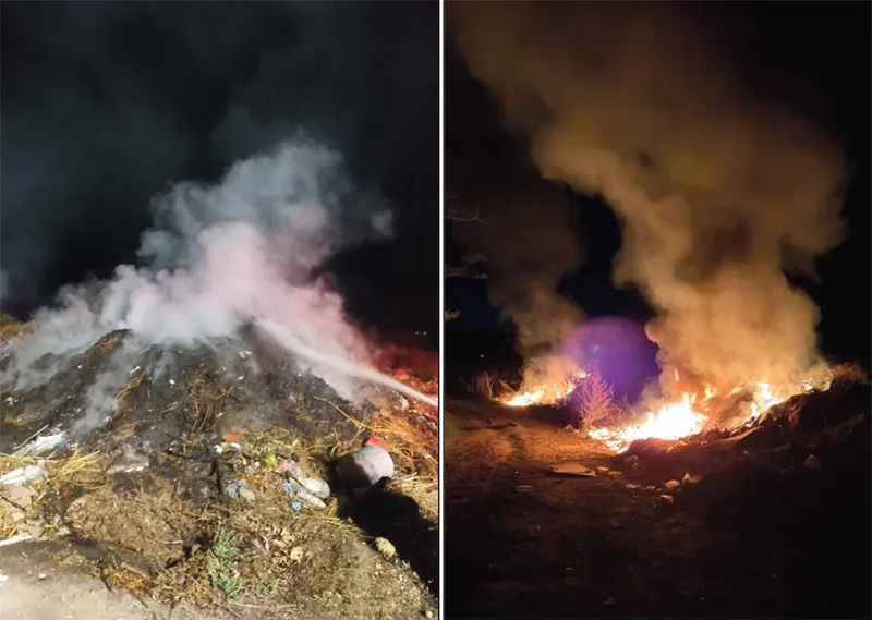 Două fotografii de noapte prezintă fum dens și flăcări care ies dintr-un morman de deșeuri pe un teren neplanificat.
