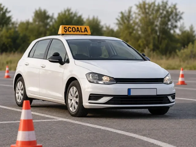 Un autoturism alb cu un semn galben pe plafon pe care scrie text negru este parcat pe un teren asfaltat lângă conuri de trafic portocalii.