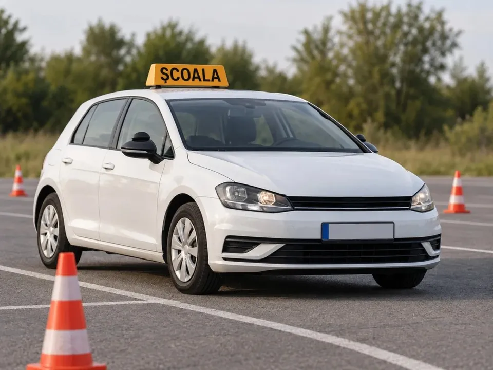 Un autoturism alb cu un semn galben pe plafon pe care scrie text negru este parcat pe un teren asfaltat lângă conuri de trafic portocalii.