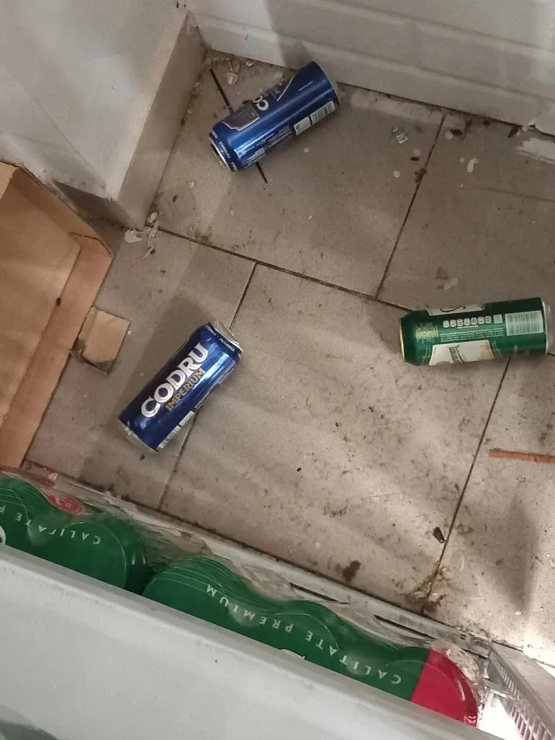 Două cutii de aluminiu de băuturi și o cutie verde sunt întinse pe un podea de gresie murdară lângă un perete alb.