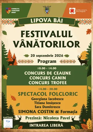 Un afiș colorat, cu tematică de toamnă și vânătoare, anunță "Festivalul Vânătorilor" din Lipova Băi, cu program detaliat și data de 20 septembrie 2026.