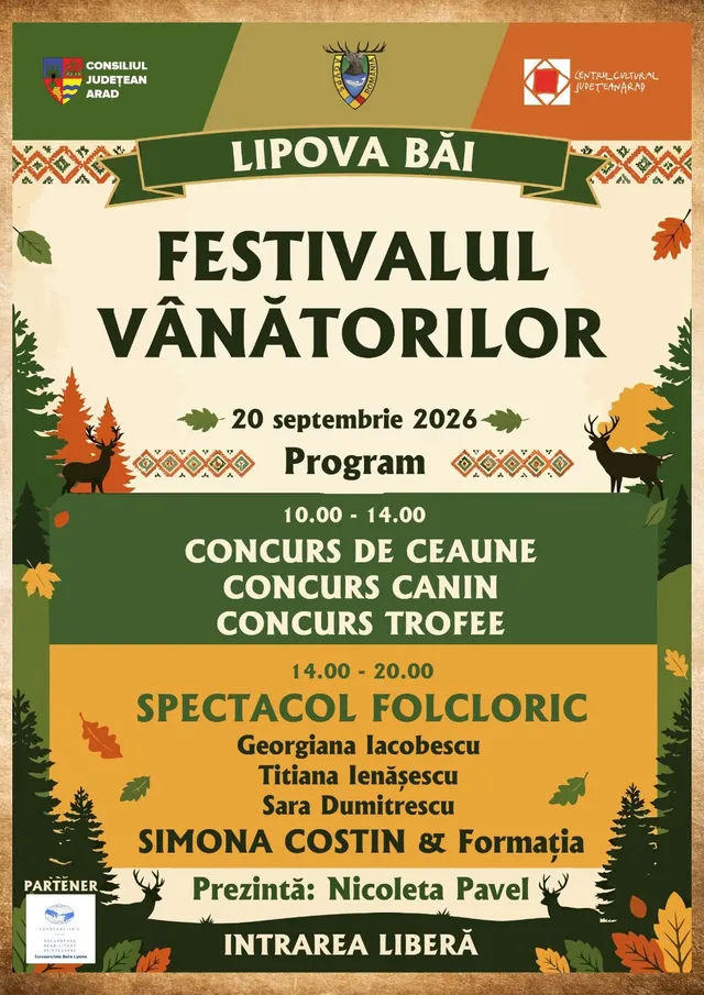 Un afiș colorat, cu tematică de toamnă și vânătoare, anunță "Festivalul Vânătorilor" din Lipova Băi, cu program detaliat și data de 20 septembrie 2026.