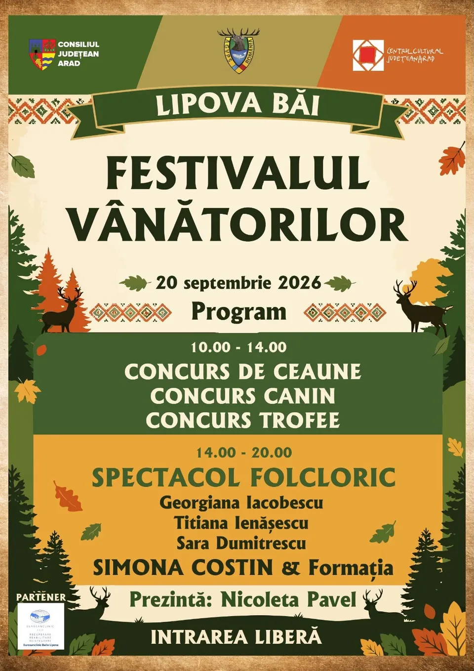 Un afiș colorat, cu tematică de toamnă și vânătoare, anunță "Festivalul Vânătorilor" din Lipova Băi, cu program detaliat și data de 20 septembrie 2026.