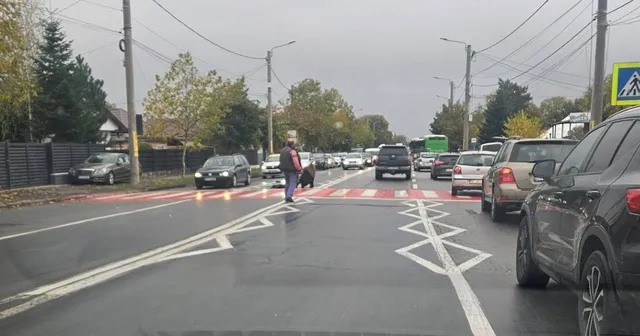 O persoană merge pe o trecere de pietoni marcată pe asfaltul unei străzi cu mai multe autoturisme parcate sau în trafic.