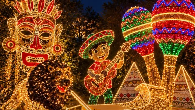 Figuri luminoase de sărbătoare reprezintă o mască tribală, un leul, un personaj cu sombrero care cântă la chitară și două maracas colorate.
