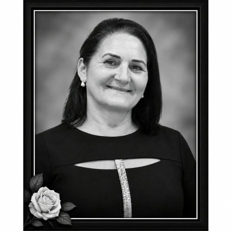 O femeie zâmbindă cu părul negru și haine negre este prezentată într-o fotografie de tip portret încadrată, lângă o petală de trandafir în colțul din stânga jos.