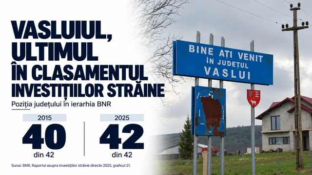 Un indicator albastru pe un stâlp metalic indică intrarea în județul Vaslui sub un cer înnorat.