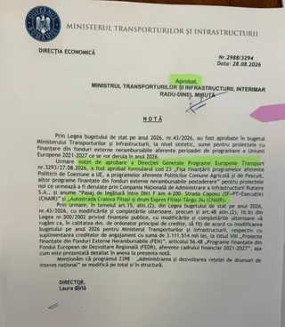 Un document oficial cu antetul Ministerului Transporturilor și Infrastructurii prezintă o notă semnată de un director și un ministru interimar.