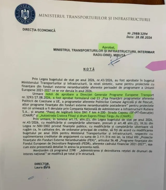 Un document oficial cu antetul Ministerului Transporturilor și Infrastructurii prezintă o notă semnată de un director și un ministru interimar.