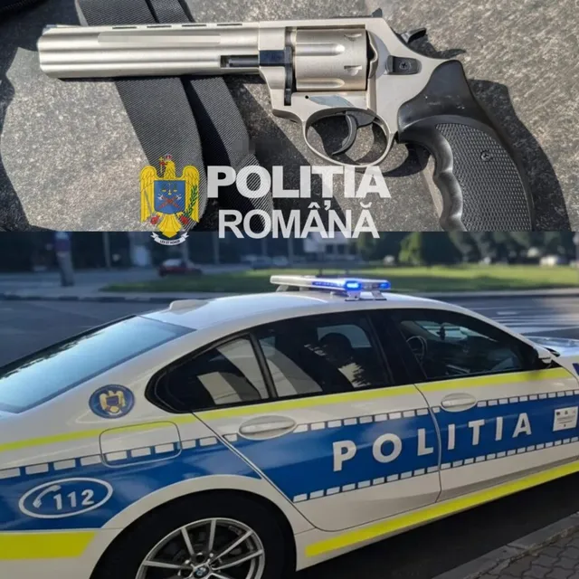 Imaginea este un colaj format dintr-un revolver argintiu și o mașină de poliție albă cu marcaje albastre și galbene.