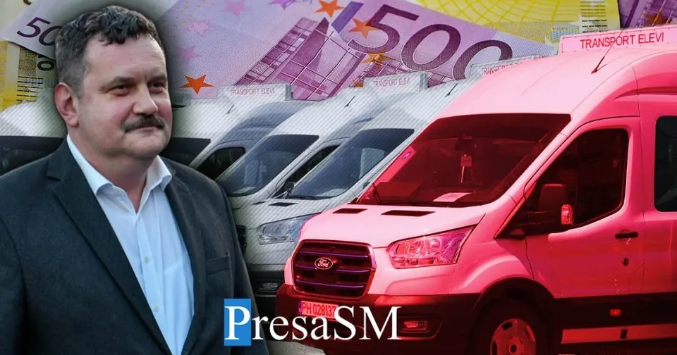 Un bărbat cu mustață poartă un sacou închis și o cămașă albă, fiind suprapus peste imagini cu microbuze albe și bancnote de euro.