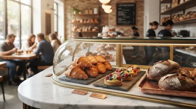 Diverse produse de patiserie, precum croissanturi și pâini, sunt expuse pe tăvi și suporturi în interiorul unei vitrine de sticlă într-o cafenea.