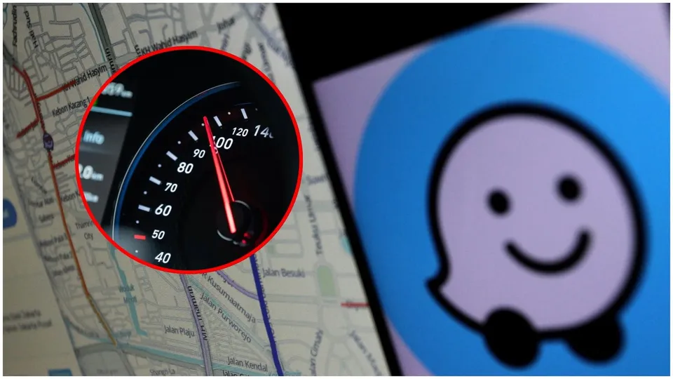 Imaginea prezintă logo-ul Waze pe un ecran alăturate de o hartă și un cerc roșu care evidențiază un viteometru cu acul roșu.