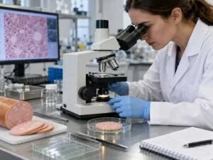 O femeie cu halat alb și mănuși albastre privește printr-un microscop pe o masă de laborator lângă o felie de parizer și un monitor.