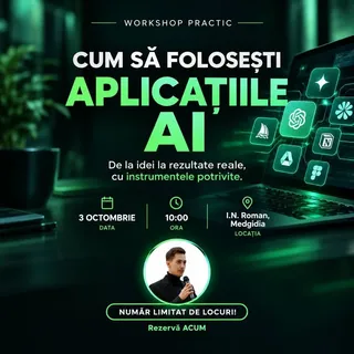 Un afiș digital verde închis prezintă un laptop cu diverse pictograme pe ecran și portretul unui bărbat într-un cerc de jos.
