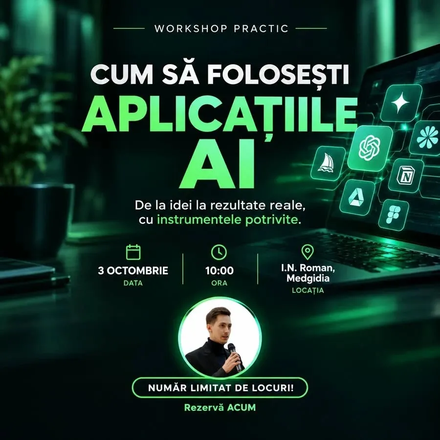 Un afiș digital verde închis prezintă un laptop cu diverse pictograme pe ecran și portretul unui bărbat într-un cerc de jos.
